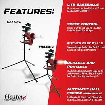 Heater Sports Slider Lite 360 Baseball Pitching Machine with Automatic Ball Feeder - Accurate 360-Degree Delivery, Durable and Portable Training Tool for All Ages