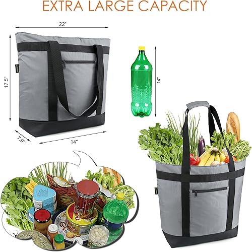 Miniatura 2 de BeeGreen Bolsa térmica gris aislada con asas de gran tamaño, resistente a prueba de fugas, para congelador, bolsa de compras para comestibles, bolsa