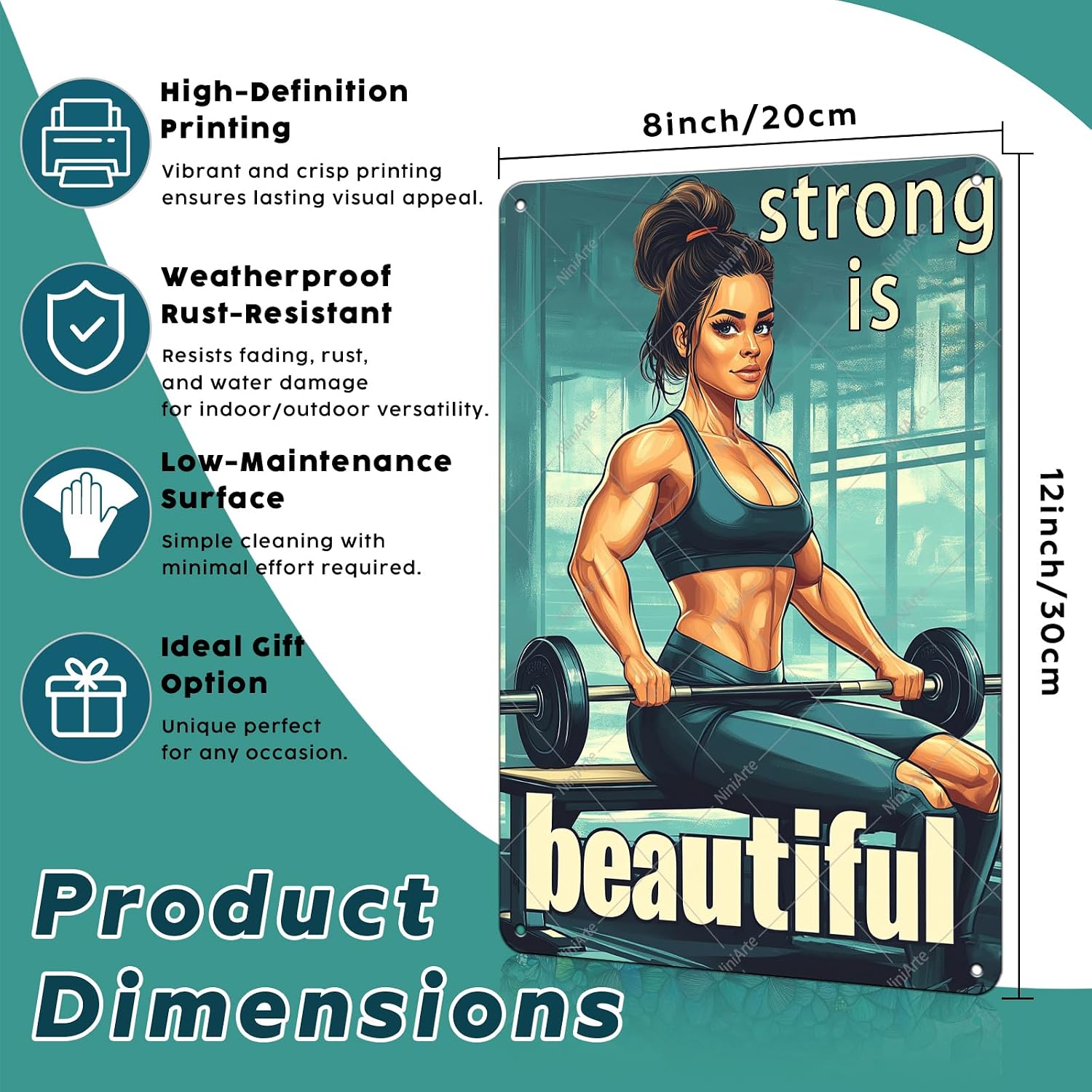 Girl Gym Vintage Tin Sign Strong Is Beautiful Metal Signs Weightlifting Girl Motivational Poster for Home Gym Fitness Wall Decor Workout Room Decor Inspirational Posters 12x8 Inch image 2