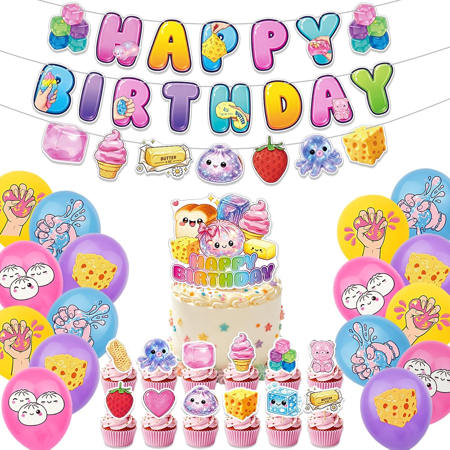 32Pcs Squishy Birthday Decorations, Includes Banner Balloons & Cake Topper | Includes 3 Banners, 16 Printed Balloons, 12 Cupcake Toppers and 1 Large Cake Topper, Great Birthday Party Decorations
