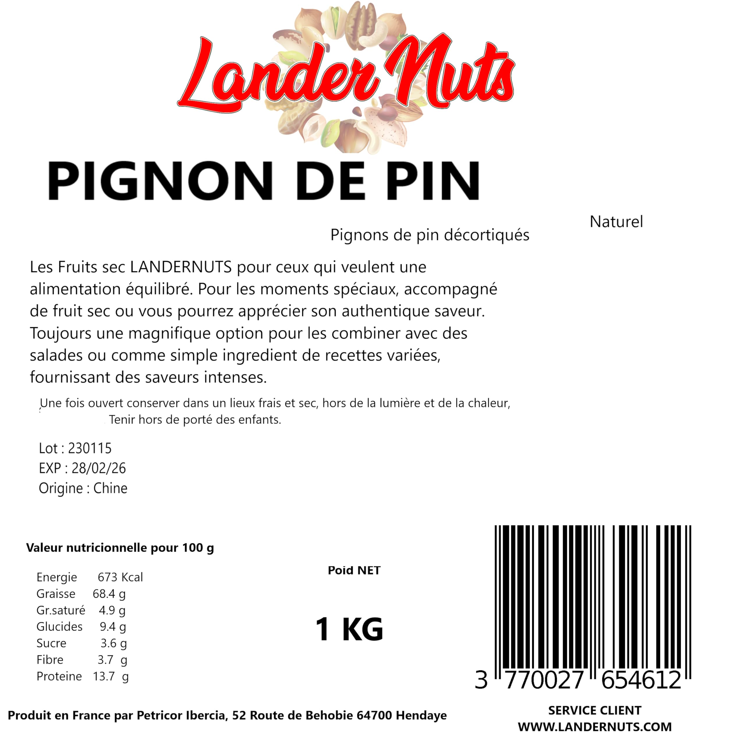 Pignons de pin Extra décortiqués 100% Naturels. Landernuts. (1 KG)