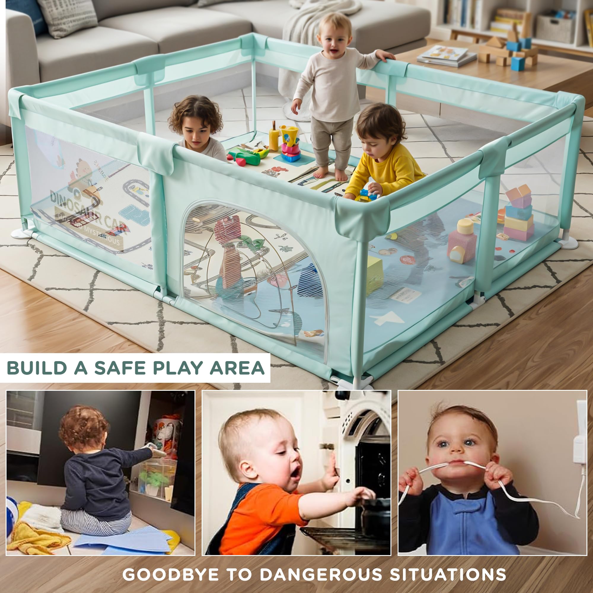 Baybee Kids Playpen for Babies | Baby Play Area Indoor Setup with Zipper Door & Toys Pouch (Green) 3