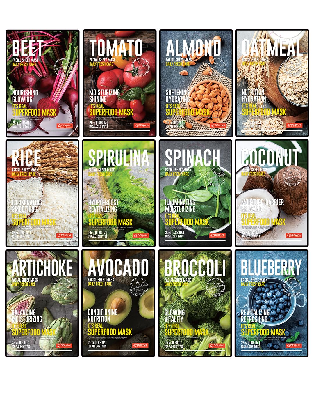 Super Food Face Masks Skincare- 12 Pack Facial Sheet Mask for a Glowing Refreshing Skin- Moisturizing Sheet Masks for Face Enriched with Natural Ingredients for All Skin Types