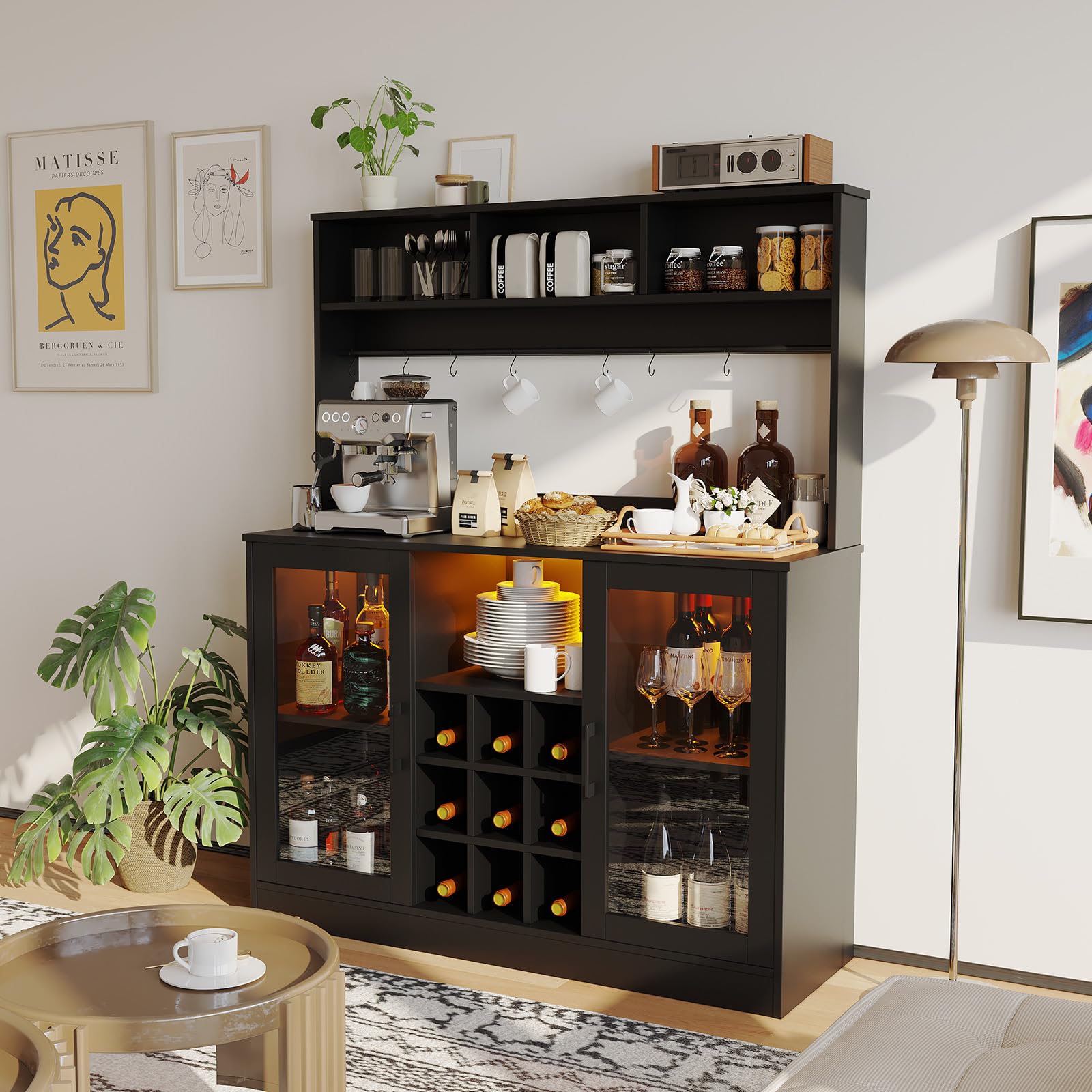 Wine Bar Cabinet with Power Outlet, 9 Wink Racks, 6 Hooks and Adjustable Shelf, Coffee Bar Cabinet Liquor Cabinet with Led Light, Buffet Sideboard for Kitchen, 47.2