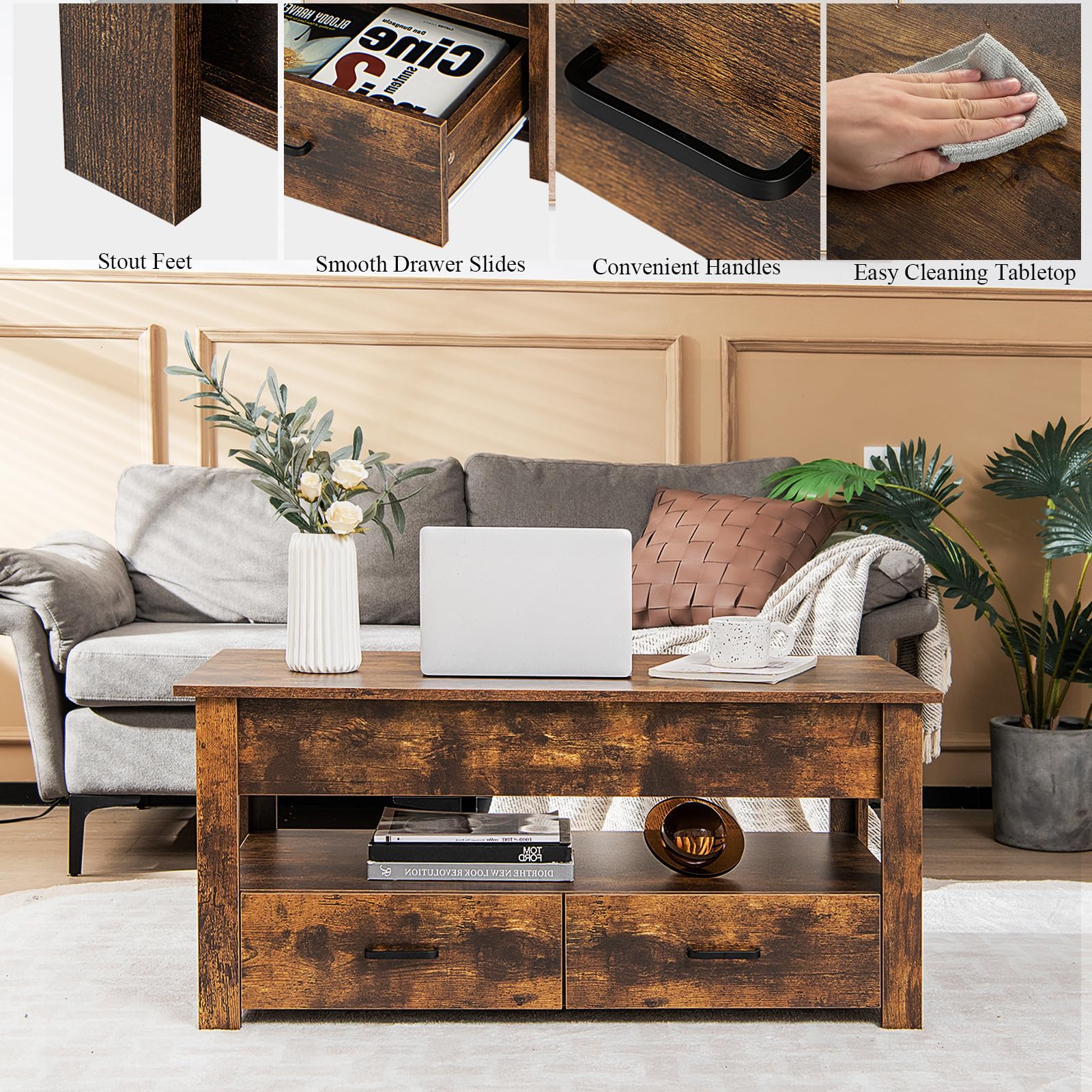 LIFEZEAL Mesa de Centro Elevable de 3 Niveles con Tapa, 2 Cajones y Almacenamiento Abierto, de Madera para Sala de Estar, Marrón