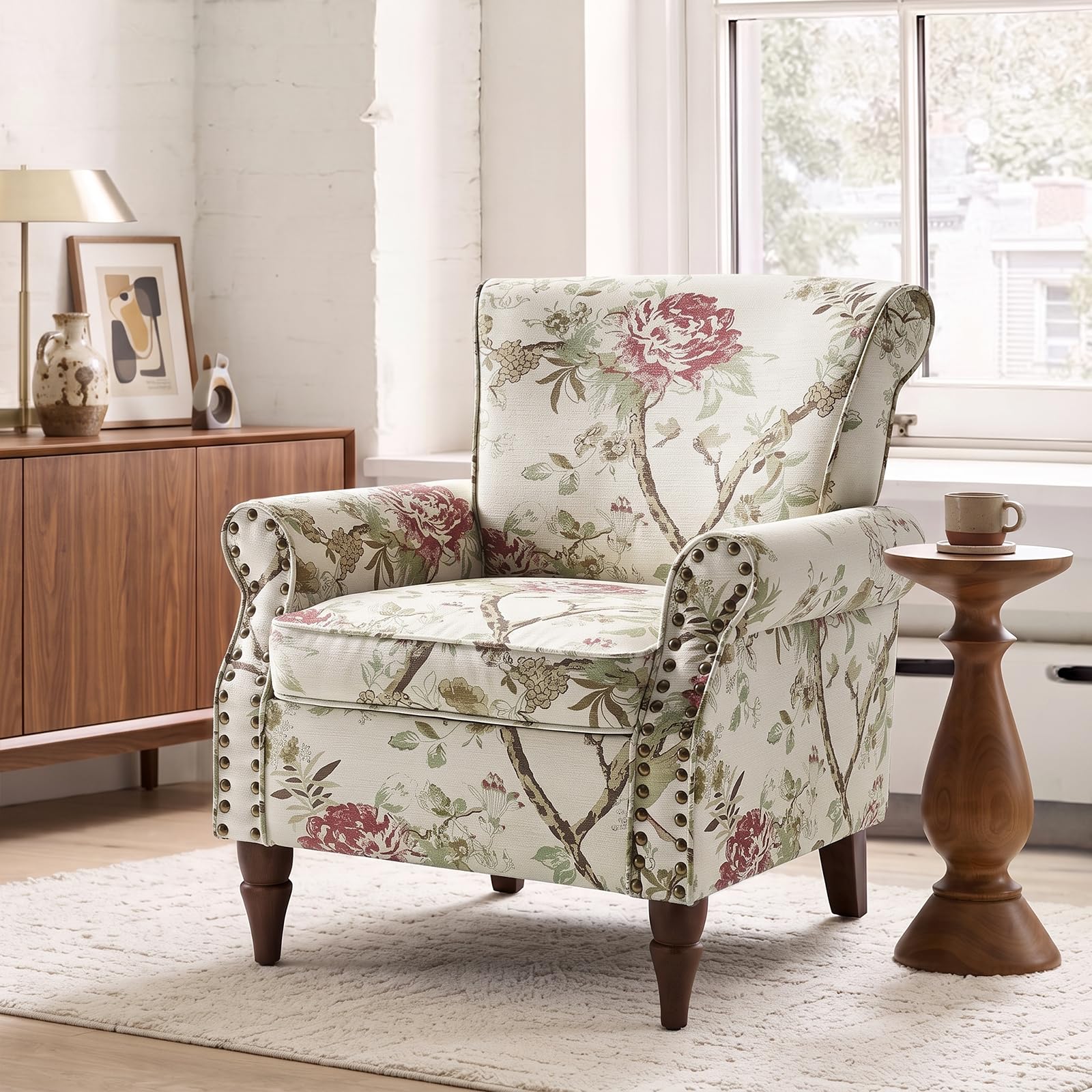 HULALA HOME Modern Wingback Accent Chair with Wood Legs & Removable Cushion, Comfy Upholstered Armchair with Nailhead Trim, Floral Pattern Single Sofa Chair for Living Room Bedroom, FLORAL