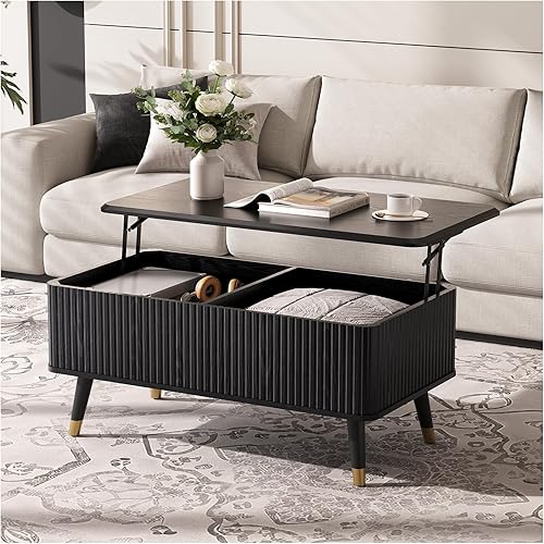 Miniatura 13 de SULIVES Mesa de centro redonda con almacenamiento, mesa de centro moderna de mediados de siglo con puerta corredera, mesa central acanalada con