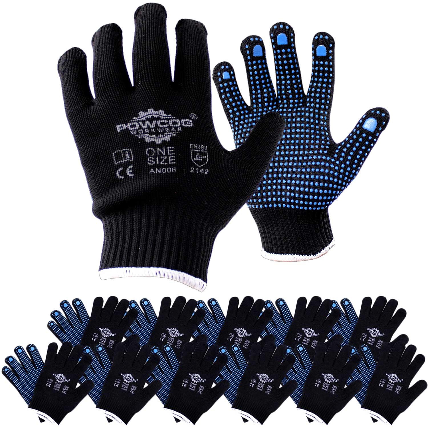 POWCOG Grip Gloves, Seamless Lightweight Black Washable 10-Gauge Nylon with Blue PVC Gripper Dots for Gardening, Work, Warehouse, Shelf Filling, One Size Fits All — image 1