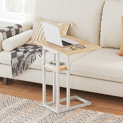 Miniatura 24 de HOOBRO Mesa auxiliar plegable, mesa auxiliar en forma de C con estante de almacenamiento, pequeña mesa de aperitivos adecuada para sala de estar,