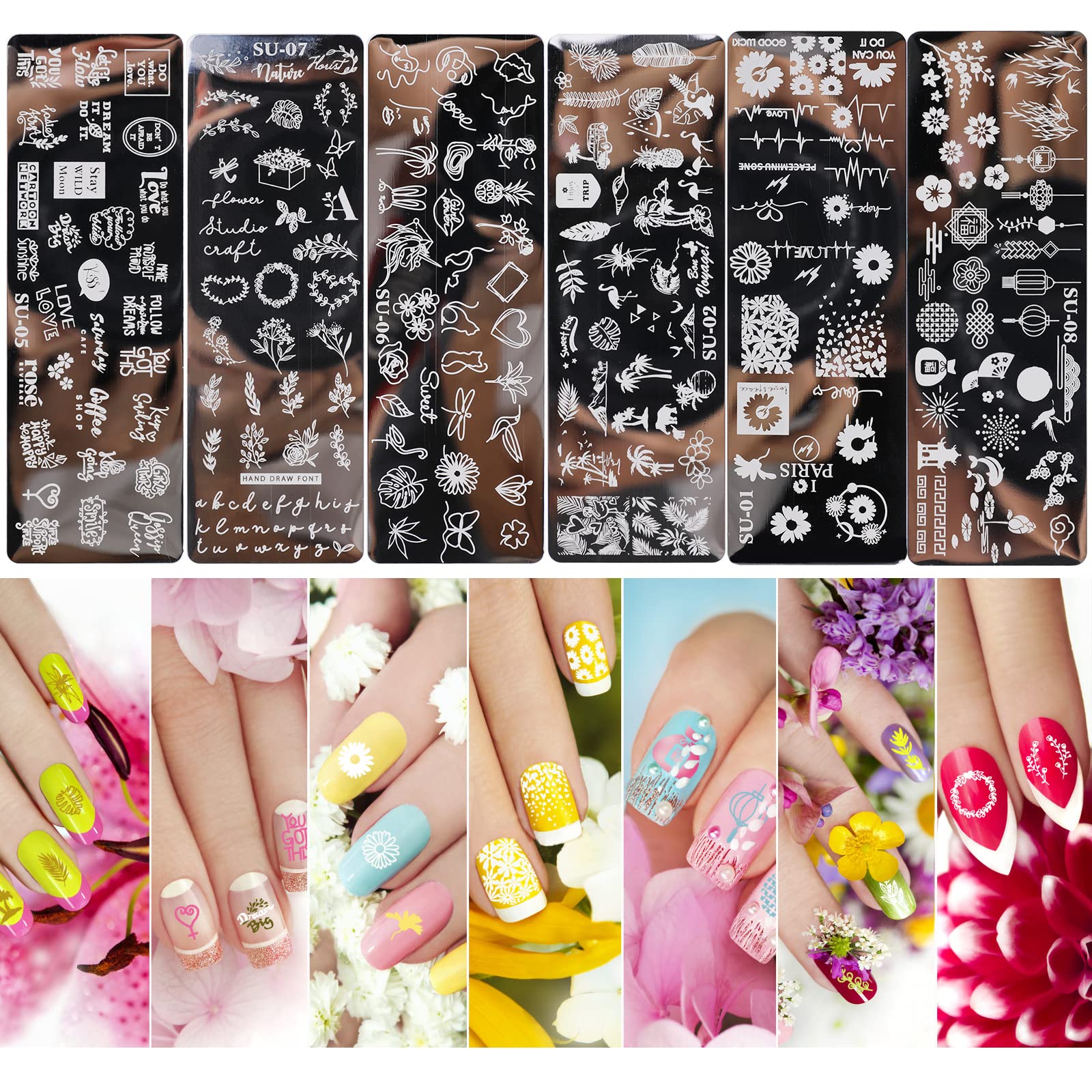 MWOOT 6pcs Set di Nail Art Stamping, Nail Template Piastra per Unghie,Mescolare Unghie Piastre Manicure Nail Piastra, UnghieTimbro Scraper Piatti Templates