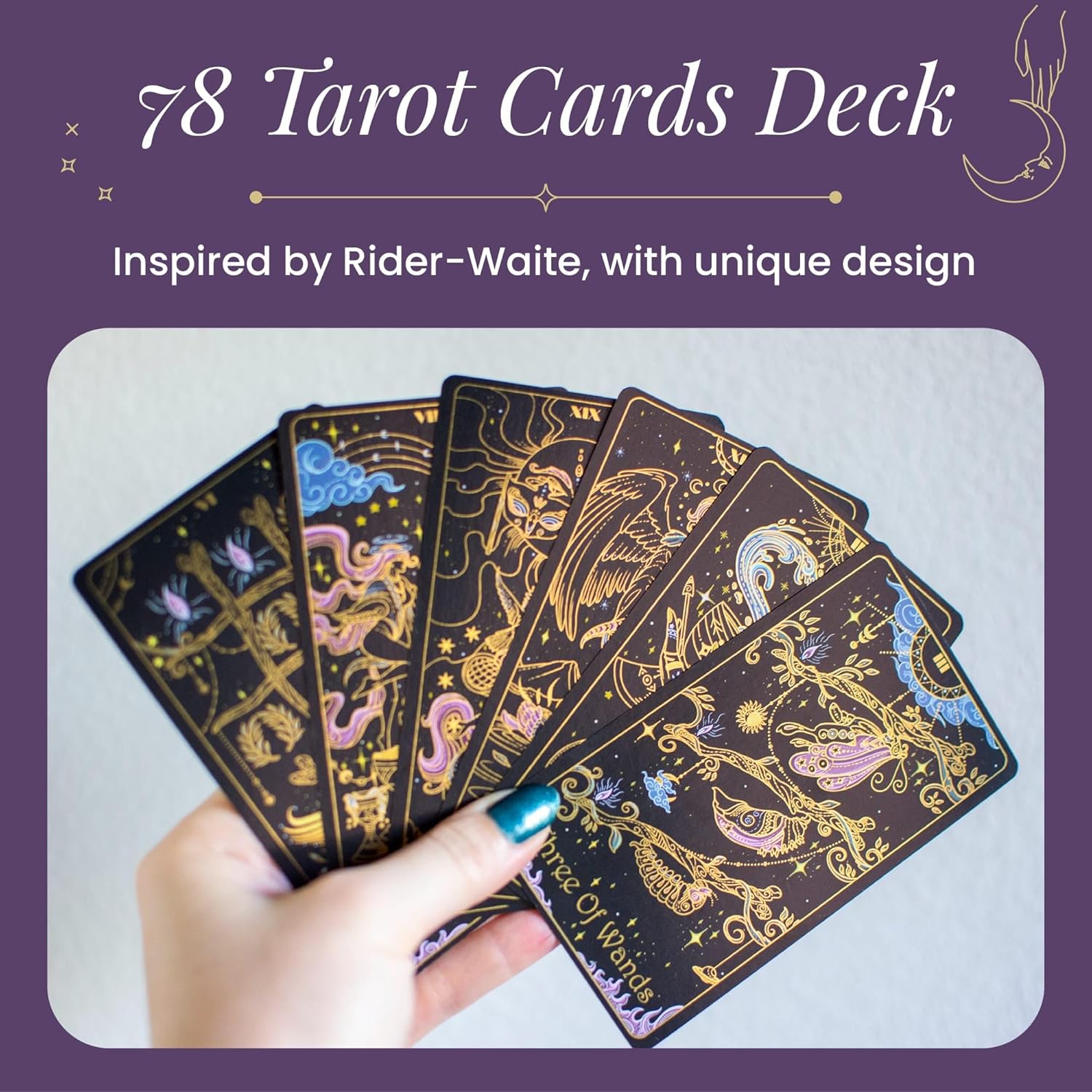 Calmoura Tridevia Tarot Cards with Guide Book, 78-Card Rider-Waite Inspired Deck with Meanings on Them, Gold Details and Gilded Edges for Beginners and Experts