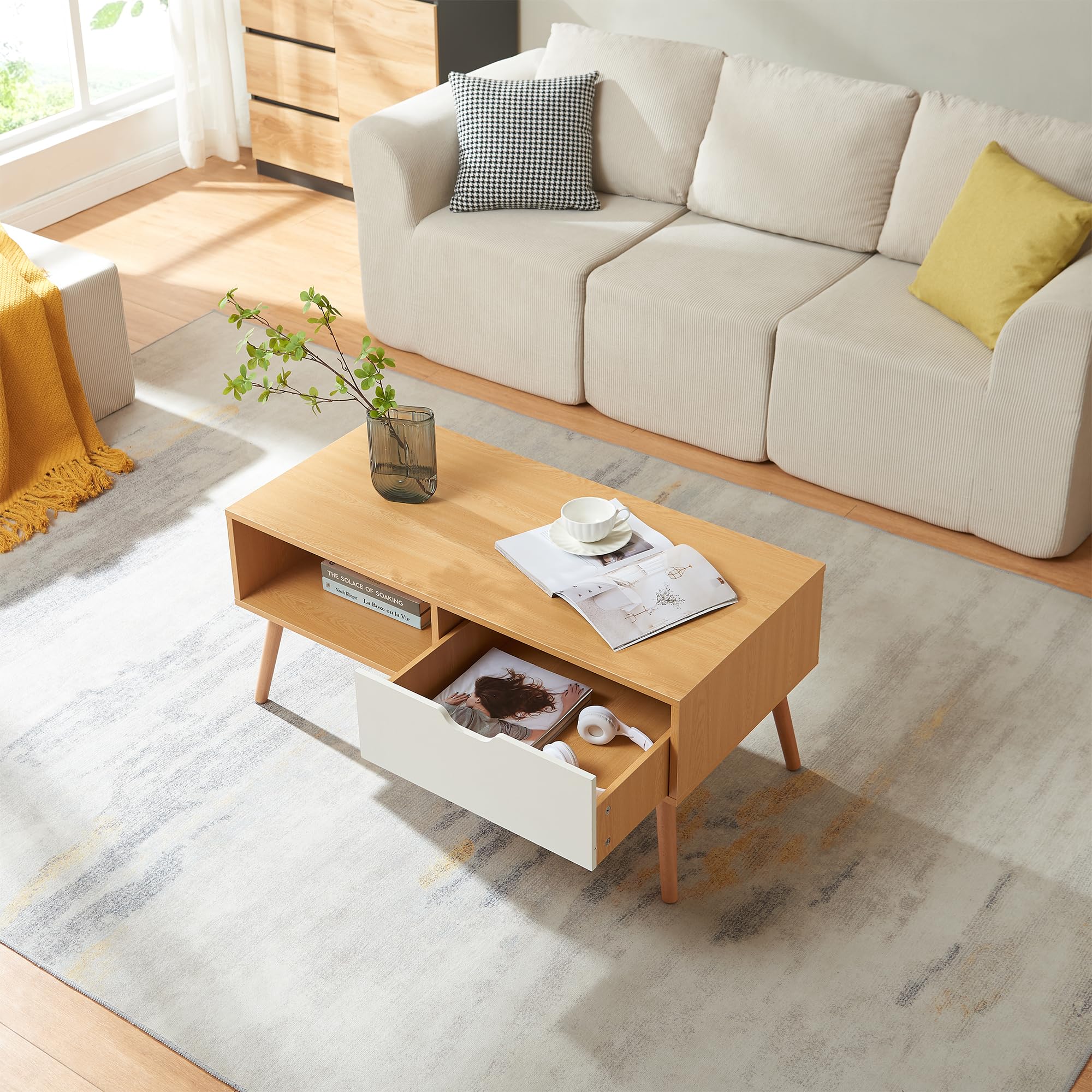[en.casa] Couchtisch Bordkak Wohnzimmertisch mit Schublade Tischplatte rechteckig Beistelltisch 100 x 48 x 45 cm Sofatisch Holzbeine Eicheoptik/Weiß