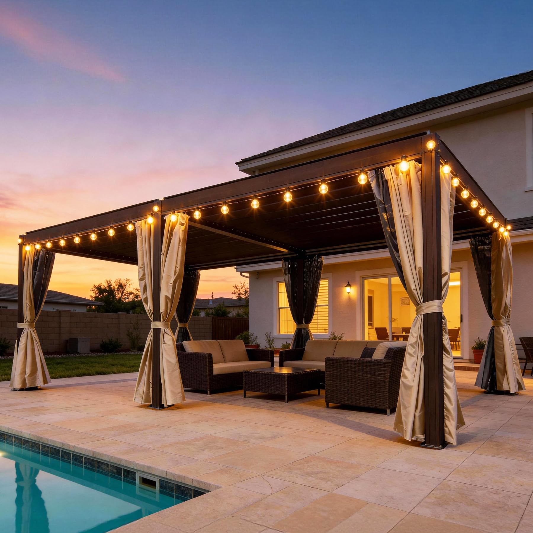 Domi 12x20FT Louvered Pergola Aluminum Structure Outdoor Pergola with Adjustable Roof Patio Pergola for Backyard Garden, Curtains and Netting, Dark