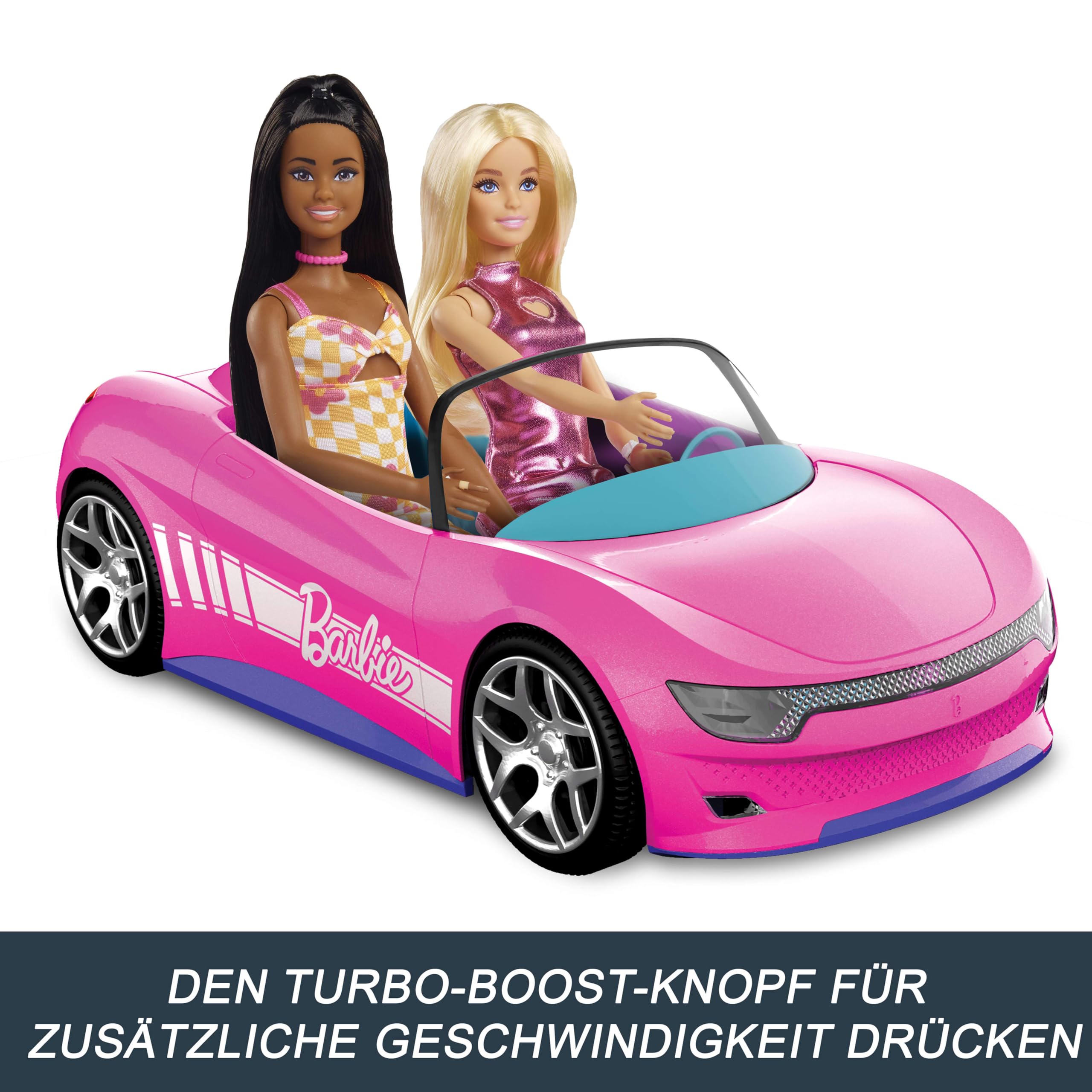 Hot Wheels Barbie Spielzeugauto, ferngesteuertes pinkfarbenes Cabrio, Platz für 2 Barbie-Puppen und Kofferraum lässt sich zum Aufbewahren von Zubehör öffnen, JBH05