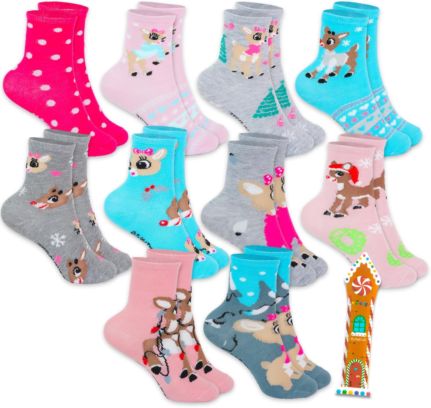 Rudolph the Red-Nosed Reindeer Socks for Girls - Bundle with 10 Pairs of Christmas Socks Plus Bookmark | Rudolph Socks for Kids