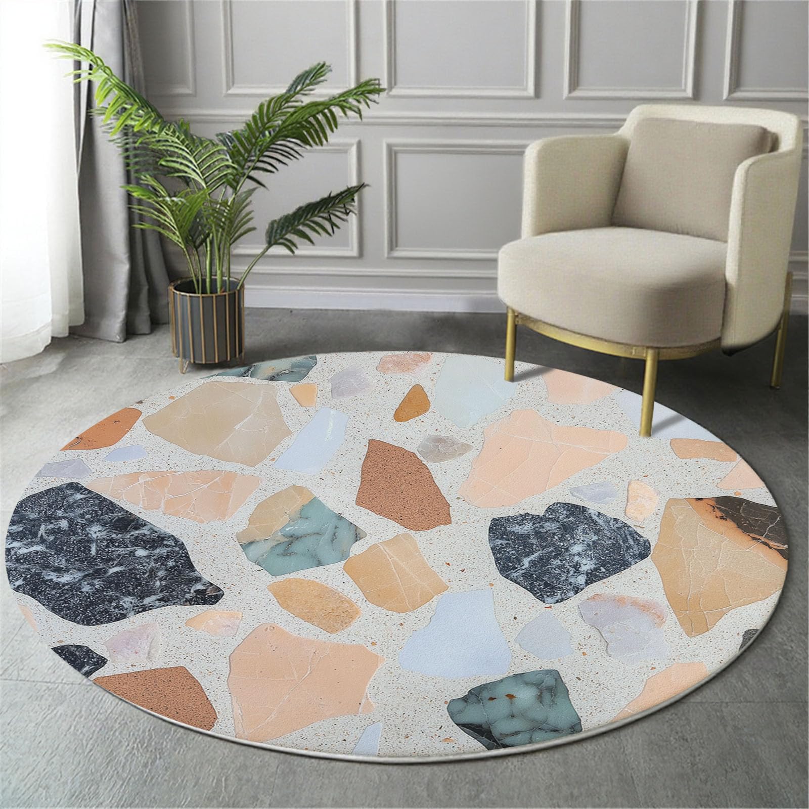 Tapis rond salon bleu Ø 200cm à poil ras et motif terrazzo moderne