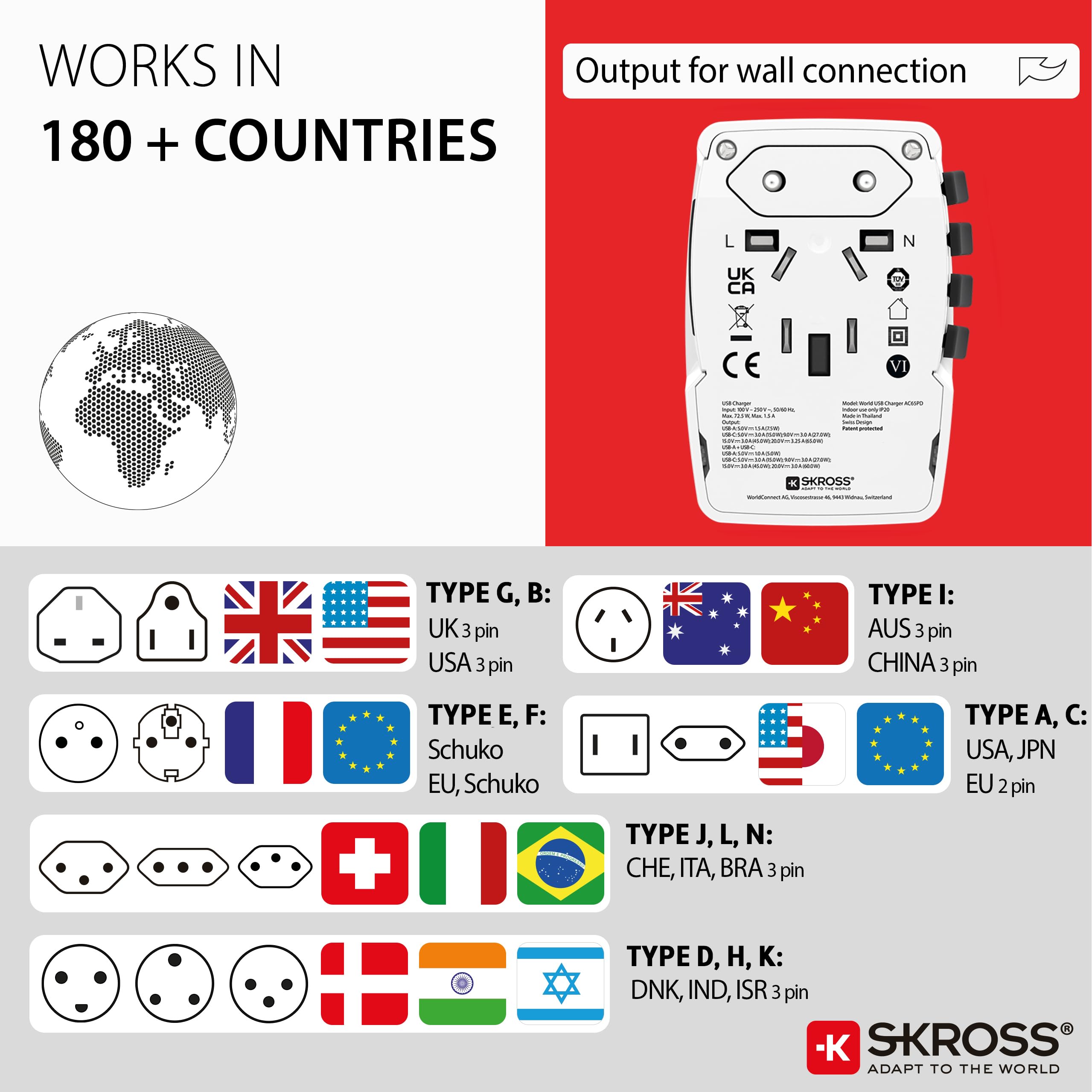 SKROSS - World USB Charger AC65PD - Caricabatterie Internazionale da Viaggio da Muro con 2 USB - 65W Fast Charging e Power Delivery - Cavo USB-C da cm Incluso