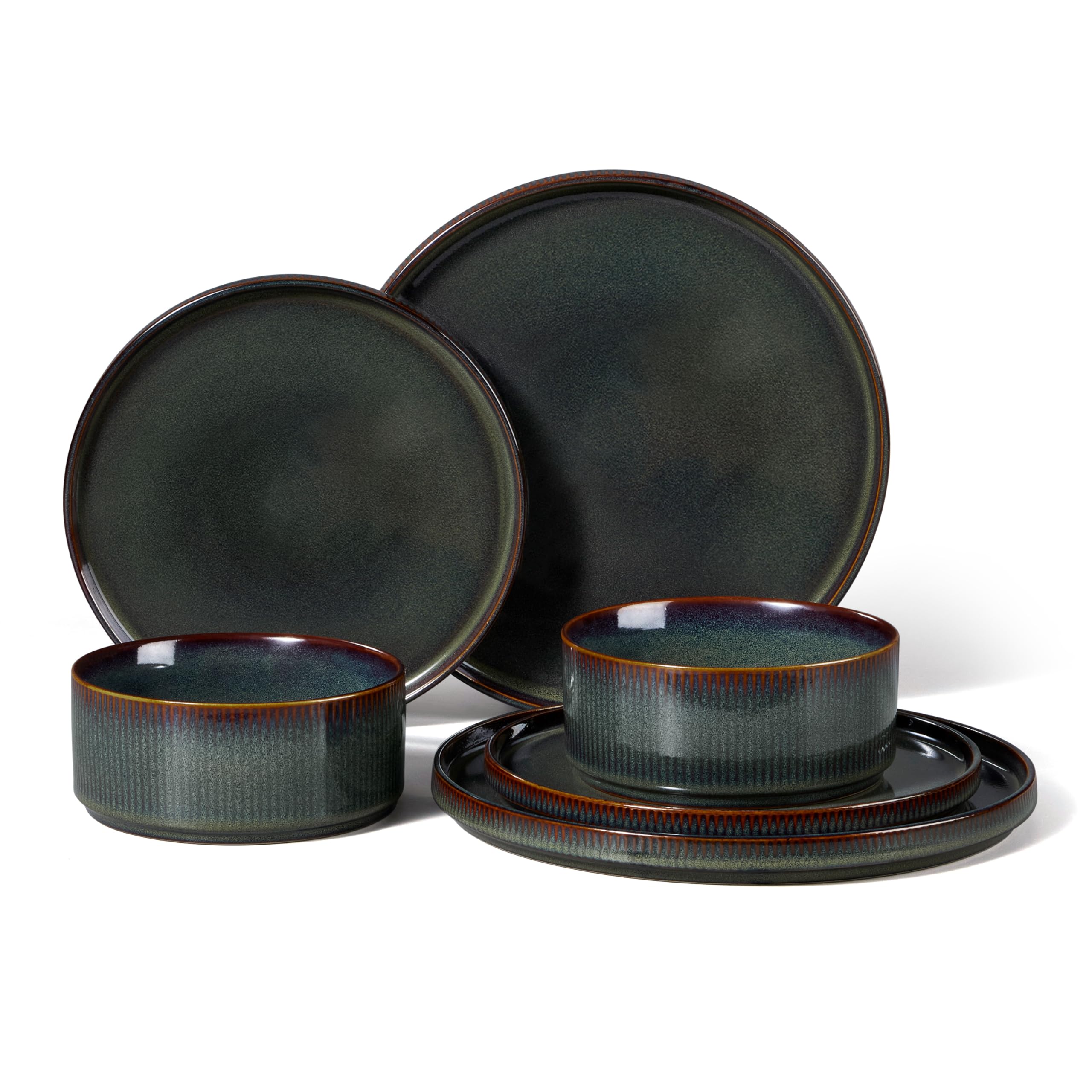 HaWare Dinner Set, 6 PCS Stoneware Plates and Bowls Set, Blackish Green