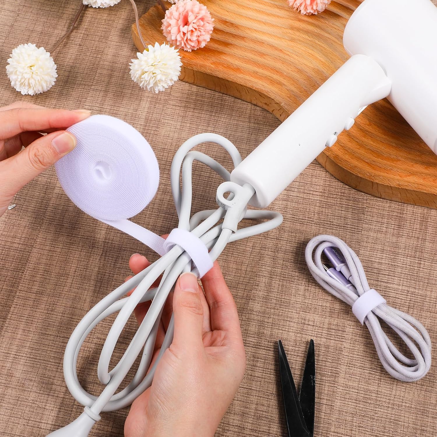Double-Sided Hook and Loop Straps, 1/2inch x 16ft Cable Straps, Adjustable Self-Gripping Cable Ties, Reusable Heavy Duty Hook and Loop Tape for Bundling, Fastening, Storage and Organization (White)