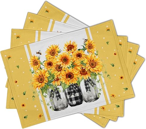 Miniatura 2 de Juego de 4 manteles individuales de girasol, 18 x 12 pulgadas, flores amarillas de verano, jarrones a cuadros, jarrones de arpillera lavables para