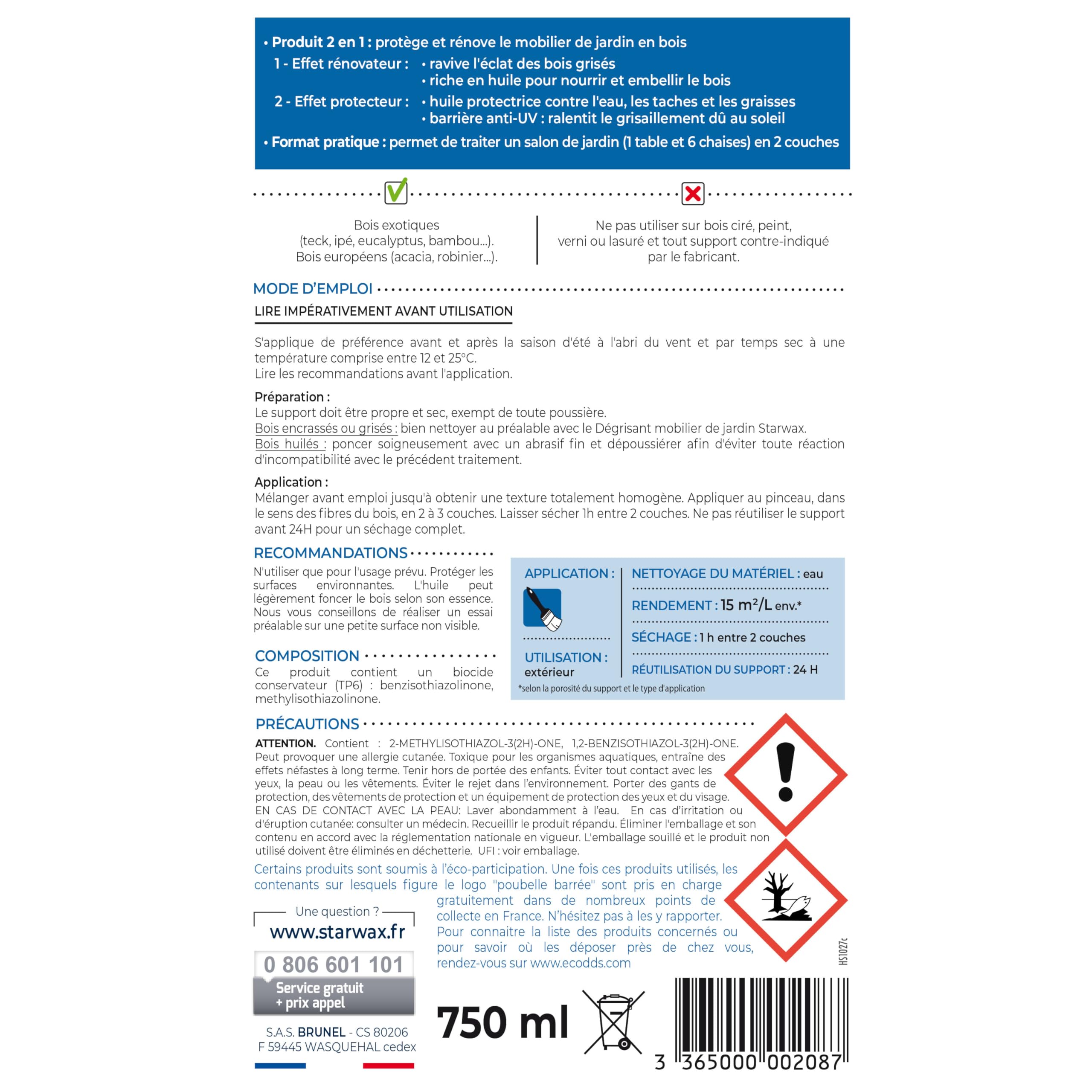 STARWAX Aceite fácil aplicación Tinte Teca – 750 ml – Efecto renovador: reaviva el Brillo de Las Maderas Grises, exótica