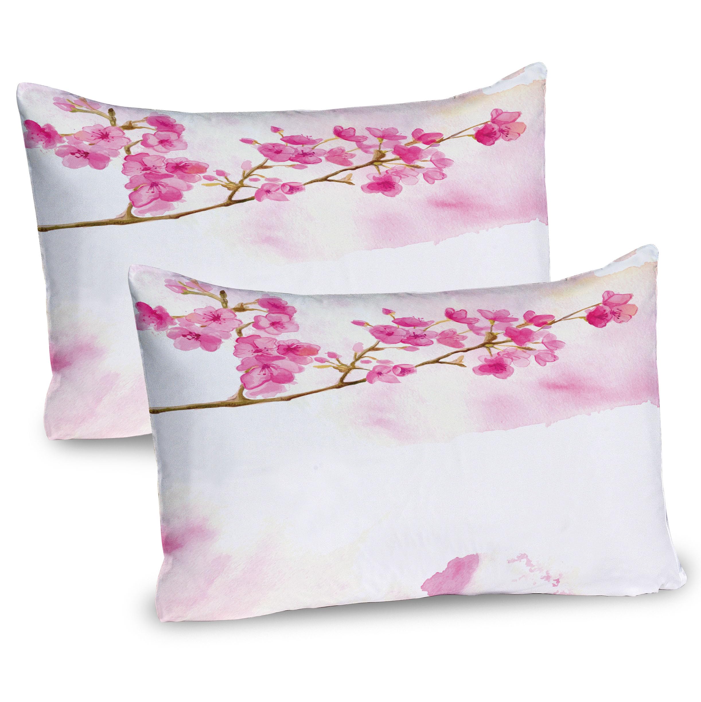 Ambesonne Cherry Blossom Pillow Sham Set of 2, Watercolor Art of Japanese Peaceful Blossom Gardens, Quality Microfiber Bedding Item for All Seasons, 30