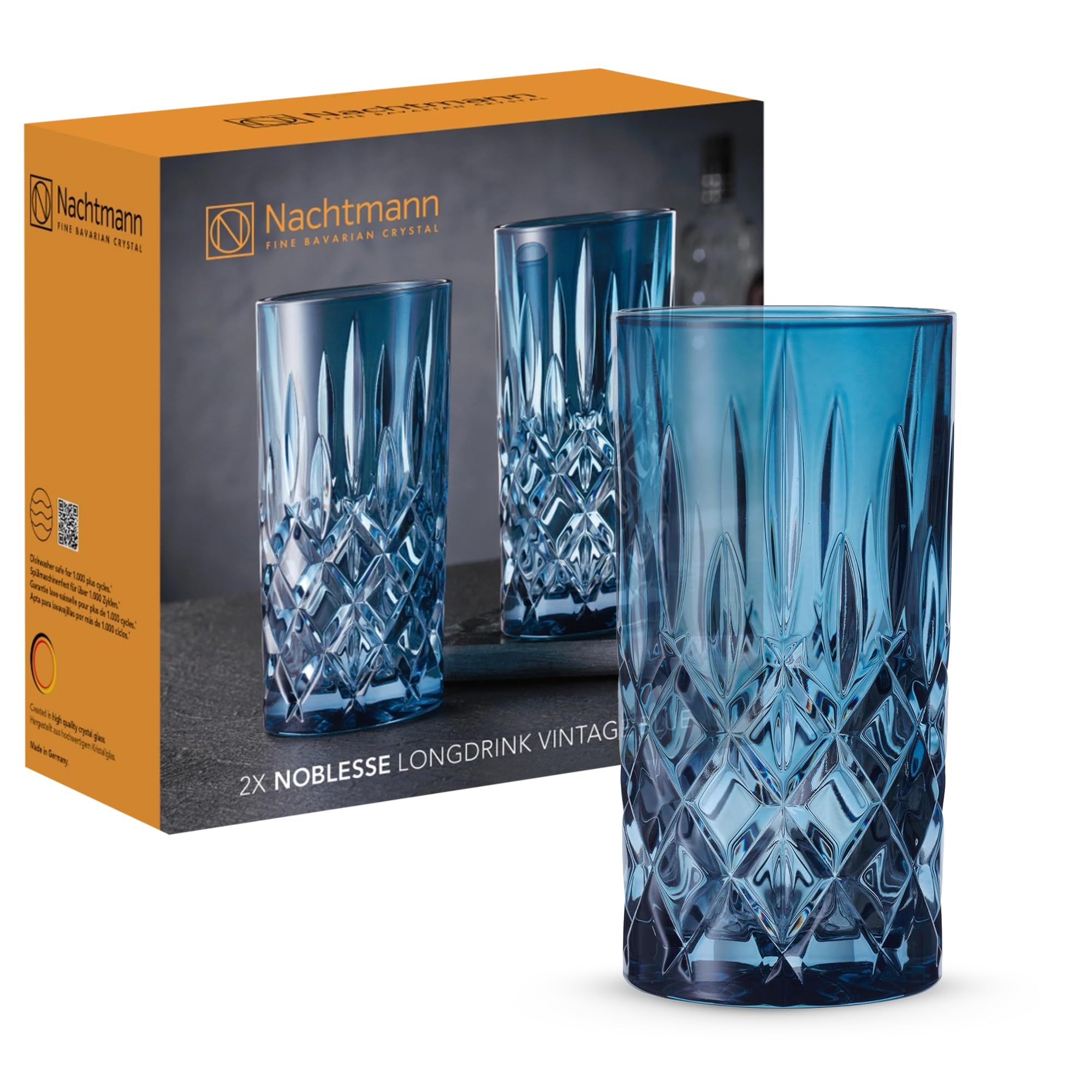 Nachtmann Noblesse 105441 Set of 2 Long Drink Glasses, Blue Cocktail Glasses, Crystal Glass, 395 ml, Vintage Blue, Noblesse