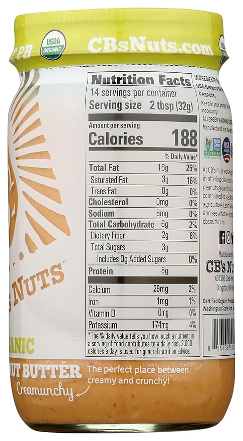 Mantequilla de Maní Orgánica CB's Nuts Cremosa y Crujiente, 16 oz miniatura 7