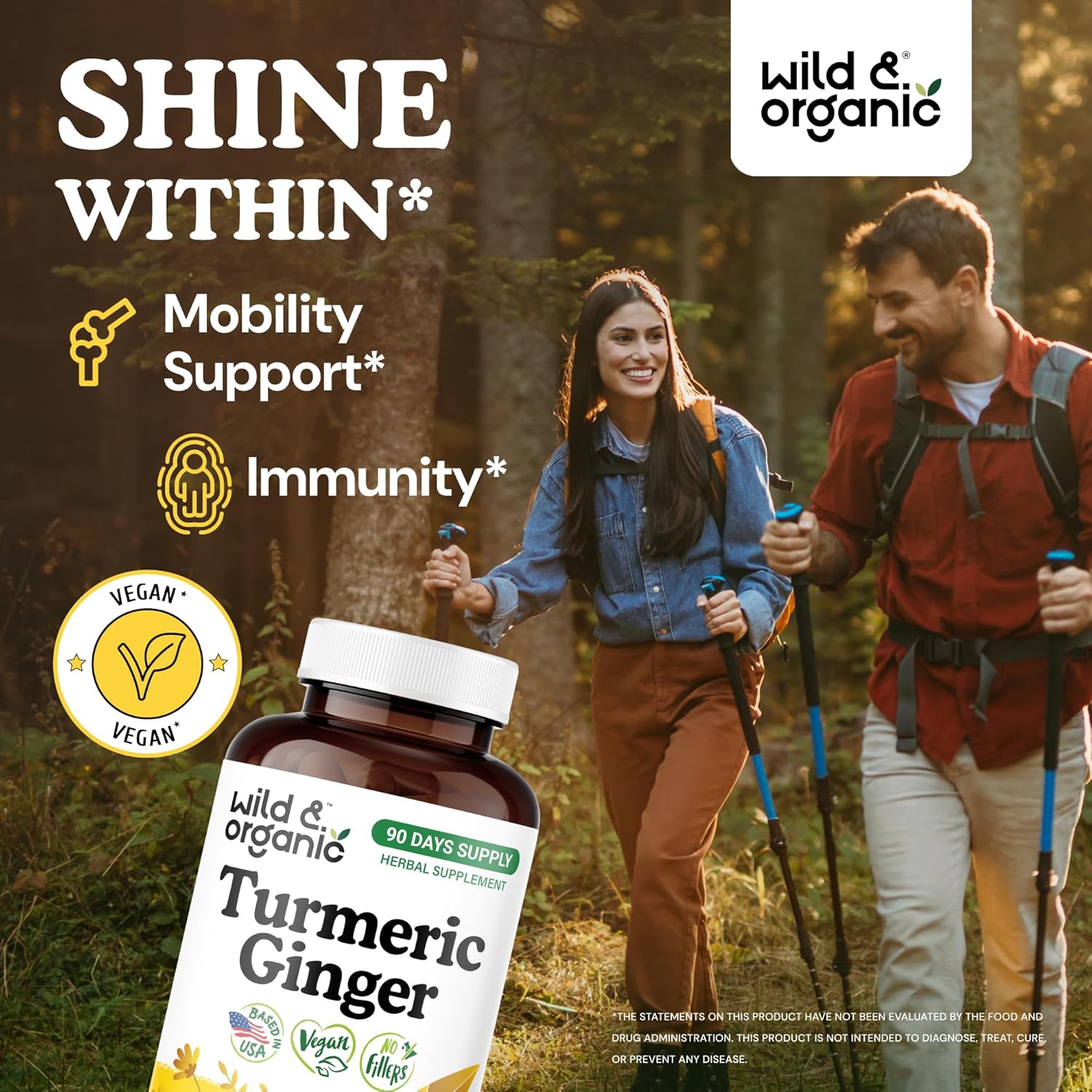 Wild & Organic Turmeric and Ginger Supplement Capsules - Mobility & Immune Support - Turmeric with Ginger and Black Pepper Capsules - 90 Days of Supply - Vegan, No Fillers, Non-GMO - 180 Count - Image 2