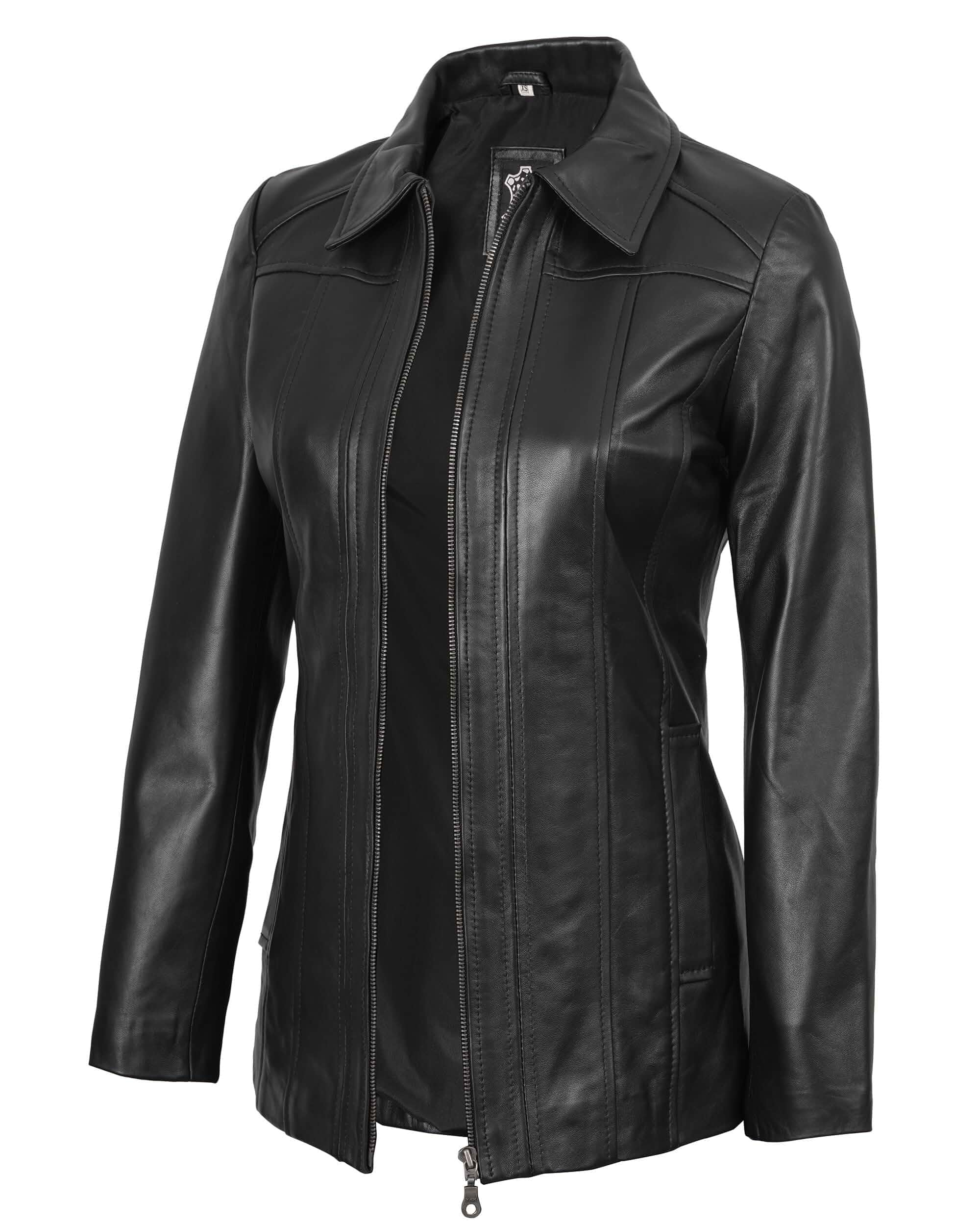 Decrum 100% Real Leather Car Coat for Women Long Jacket With Shirt Collar Real Lambskin Leather, Full Polyester Lining, Front Zip Closure, Two Side & One Inside Pocket