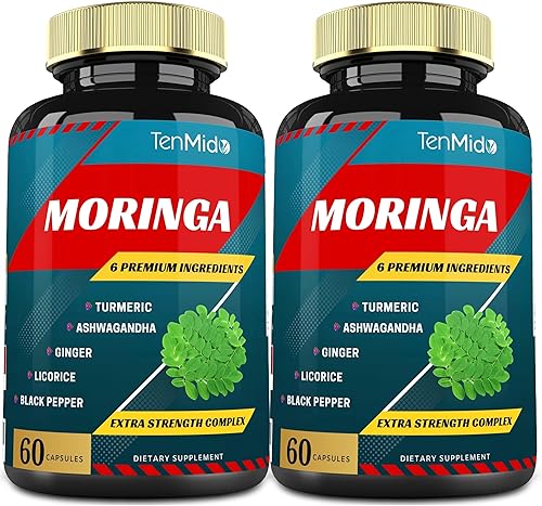 2 paquetes de cápsulas de moringa, suministro de 4 meses con cúrcuma, ashwagandha, jengibre, regaliz, pimienta negra, apoyo inmunológico, refuerzo