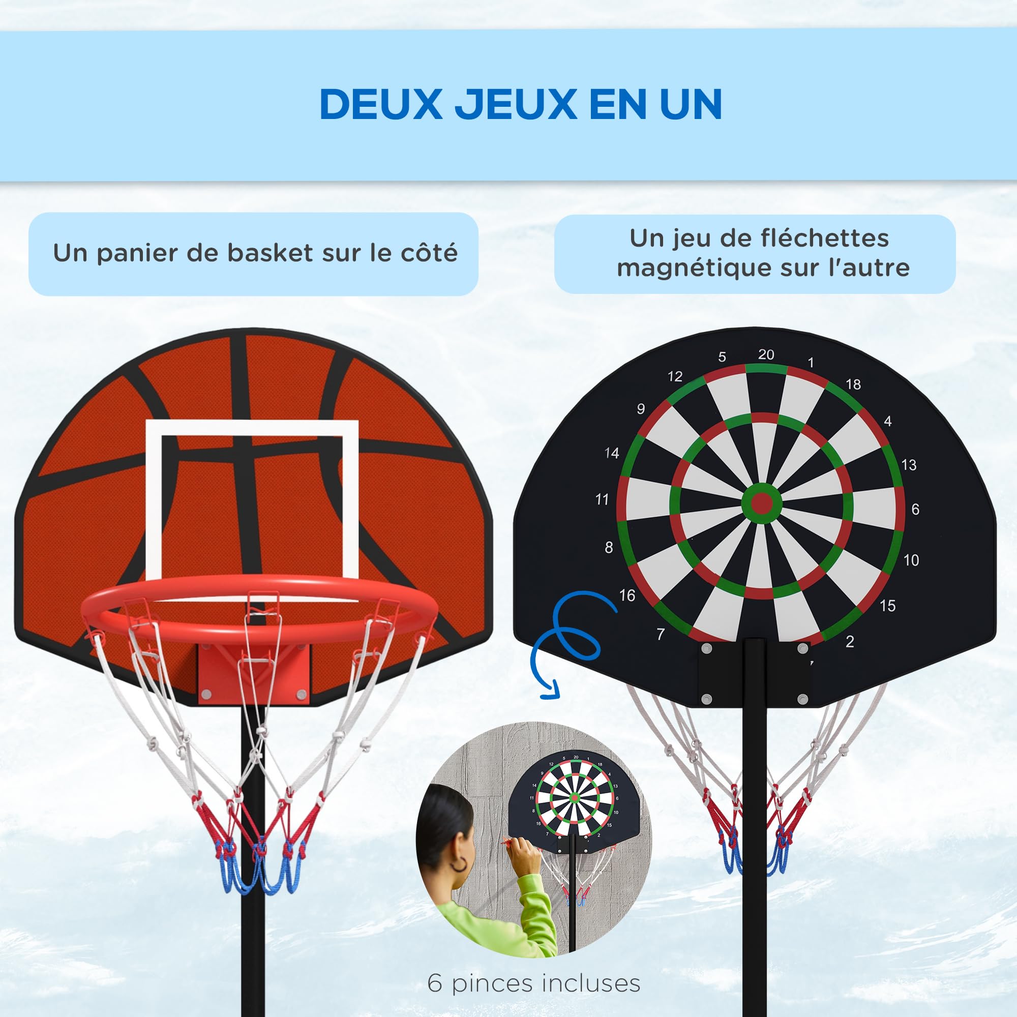 SPORTNOW Stojak do koszykówki 2 w 1 z regulowaną wysokością 129–179 cm i zestawem 6 magnetycznych rzutek
