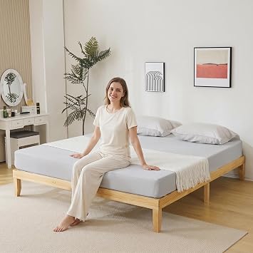 12 inch H King Size Japanese Solid Wooden Bed Frame, Mid-Century Natural Wood Platform Bed, Pine Wood Low Bedframe, 8.5 inch Under Bed Storage, 1000 lbs Capacity Easy Assembly Natural, King