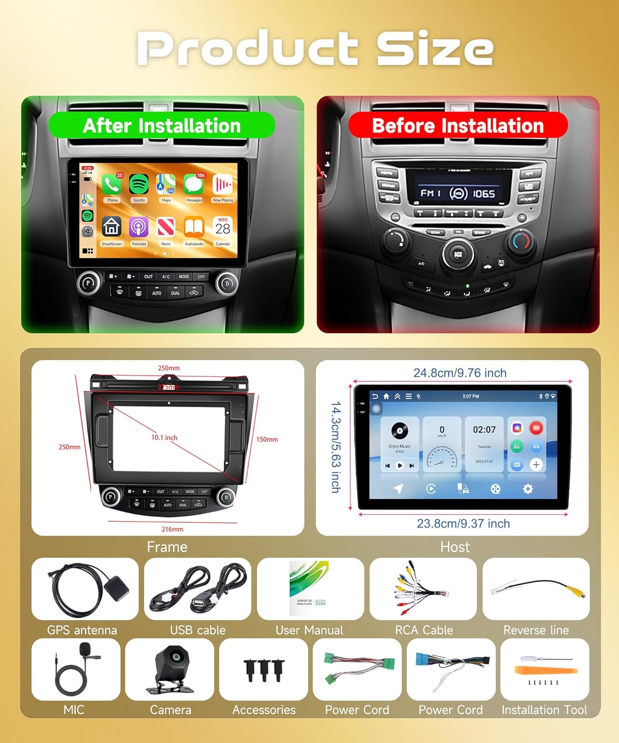 Android Car Radio for Honda Accord 2003-2007 with Wireless CarPlay Android Auto, Orderich 4G+128G 10 Inch Touchscreen Car Stereo Mirror Link GPS Navigation WiFi Bluetooth FM RDS EQ SWC Backup Camera