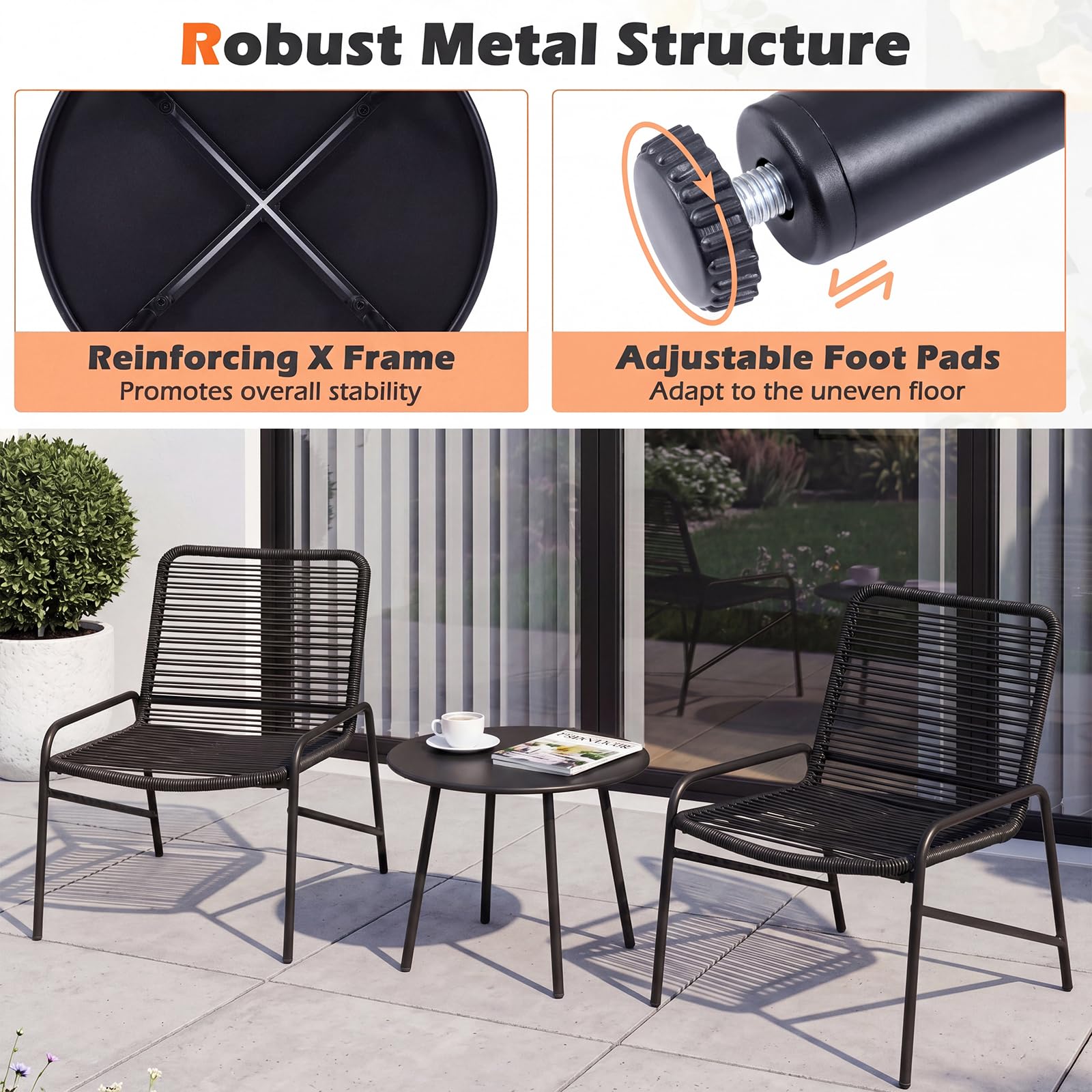 RELAX4LIFE Set di mobili da giardino in rattan, 3 pezzi, con tavolino rotondo e 2 poltrone in vimini, sedie da pranzo in metallo, per patio, veranda, salotto, cortile, piscina