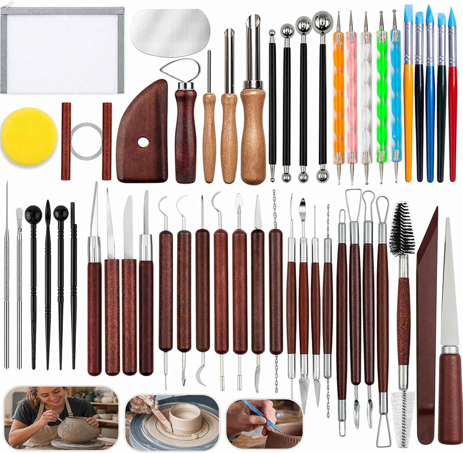OMTRS 50PCS Clay Sculpting Tools Kit with Storage Bag, Pottery Sculpting Tools for Adult Beginners, Clay Modeling Tool Carving Kit for Pottery, Dotting, Molding, Shaping, Detailing (Redwood)