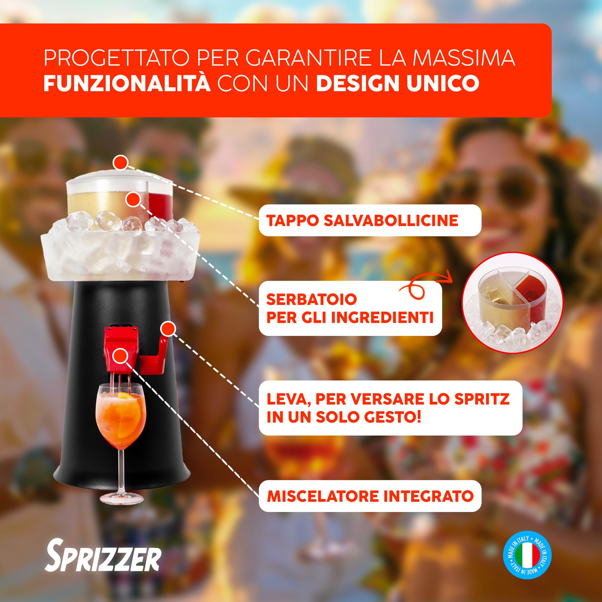 Sprizzer - Sprizzer Machine per lo Spritz, Dispenser con Miscelatore per Aperitivo e Aperol Spritz, Contenitore per Ghiaccio, 3L, Erogatore Manuale senza Elettricità o Batterie, Nero, Made in Italy