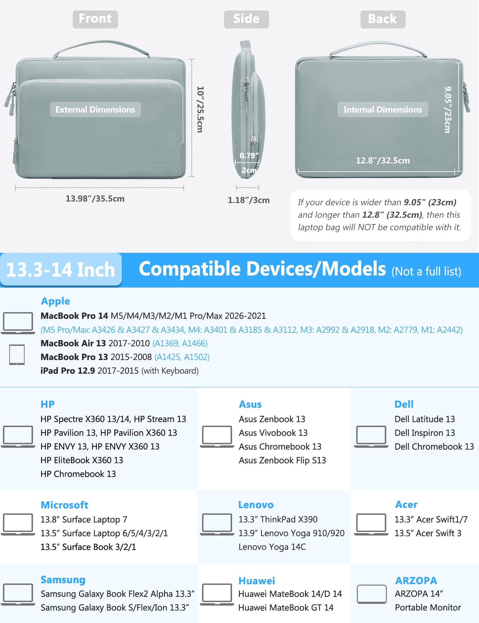 HYZUO 13,3-14 Pouces Housse pour Ordinateur Portable MacBook Pro 14 M5-M1 A3426 A3427 2026-2021, 13,3" MacBook Air/Pro, 13,8"/13,5" Surface Laptop/Book, 13" 13,3" HP Dell Lenovo Asus Acer, Bleu Cendré