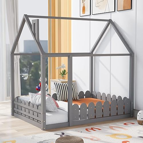 Miniatura 77 de Merax Cama de madera de tamaño individual con techo, se puede decorar para niñas, niños, cama de piso de madera, color espresso