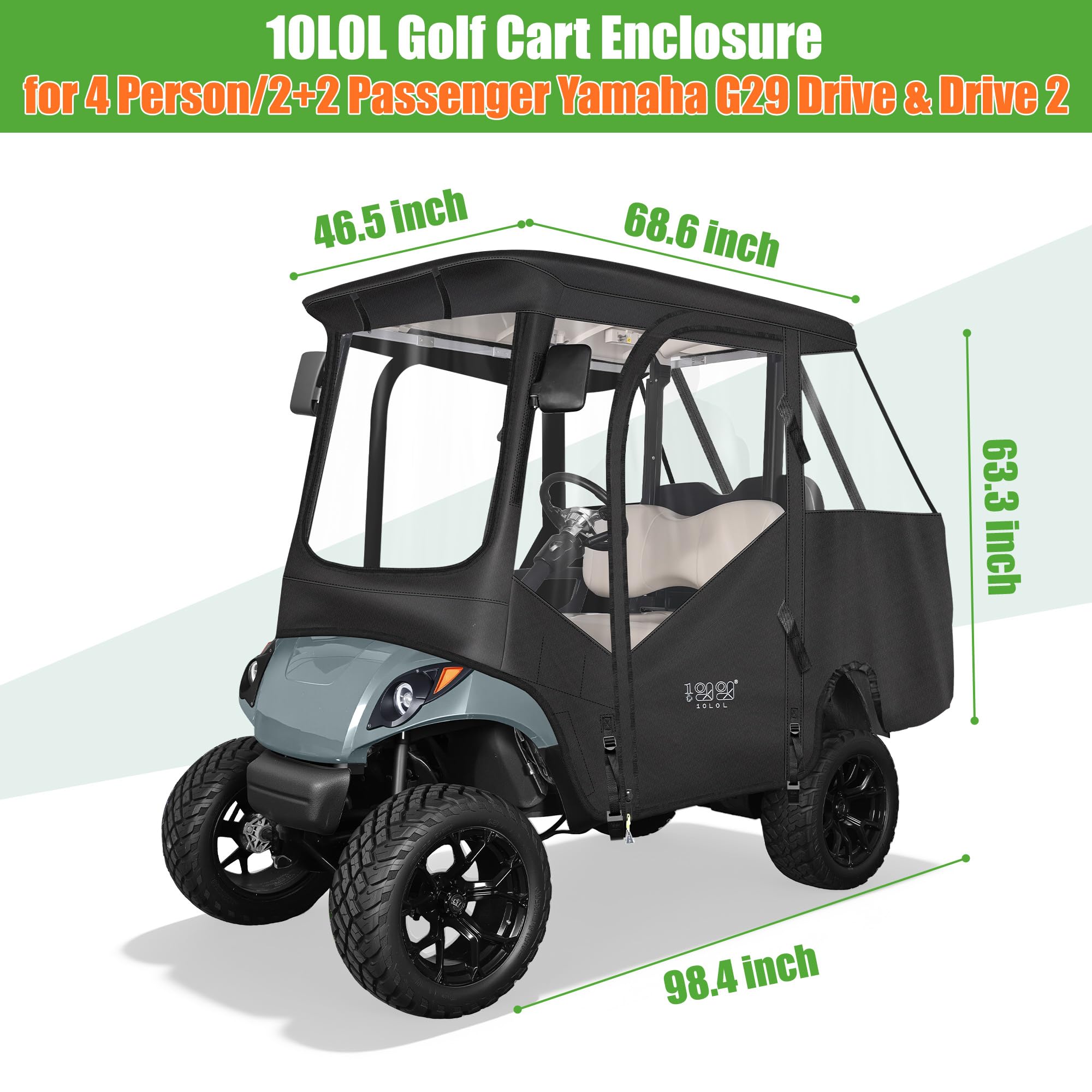 10L0L Obudowa wózka golfowego dla 4 pasażerów pasuje do Yamaha G29 Drive and Drive 2, 600D Heavy Duty 4-osobowa osłona przeciwdeszczowa Yamaha z przezroczystą przednią szybą PCV, wodoodporna tkanina