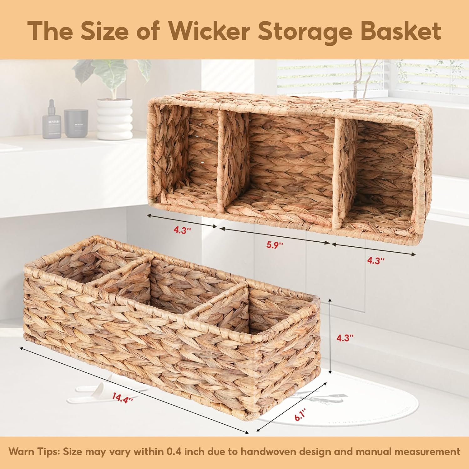 Water Hyacinth Storage Baskets Toilet Basket Tank Topper, Toilet Paper Basket Small Wicker Baskets Wicker Storage Basket, Bathroom Basket Wicker Baskets for Storage with 3-Section, 2 Pack