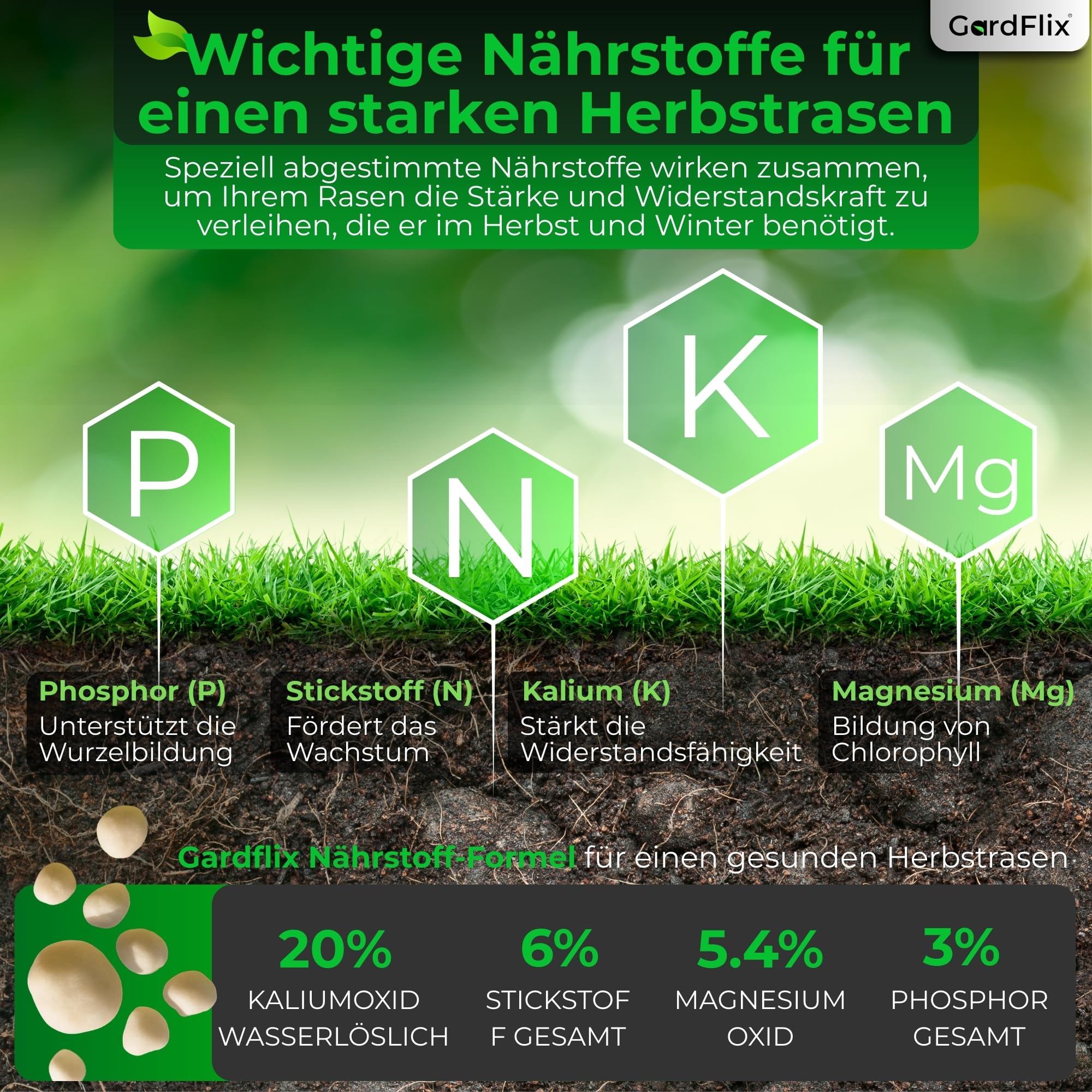 Herbstdünger Rasen Langzeitwirkung (10kg Sack für 500m²) | Rasendünger Herbst verdrängt Moos | Frostschutz & Winterfester Rasen | Staubarmer Granulat für Streuwagen | Sicher für Kind & Tier