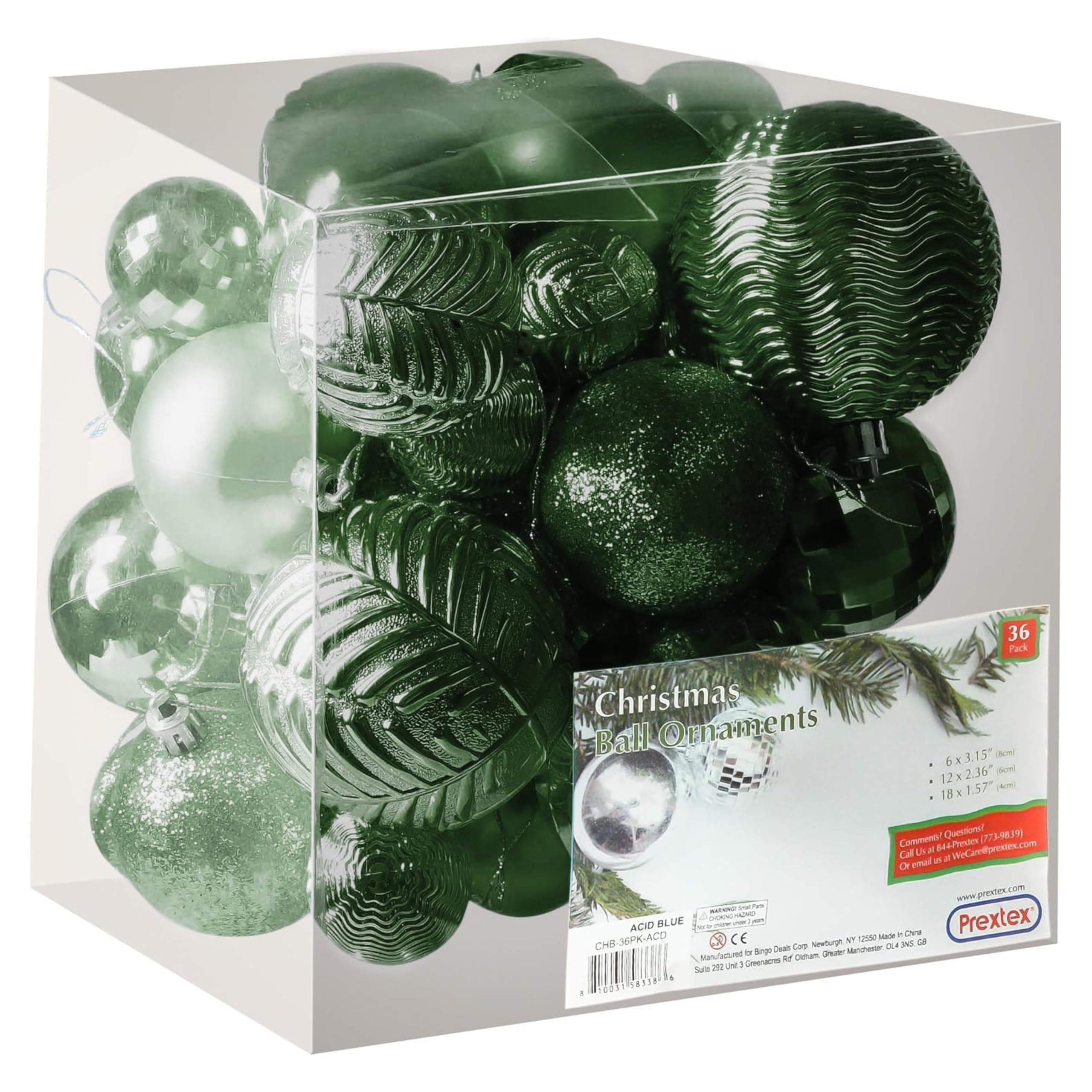 Prextex 36 Piece Christmas Ornaments Set - Emerald Green Christmas Tree Decorations - Shatterproof Ball Ornaments in Small, Medium, and Large Sizes - Durable Holiday Decor for Indoor and Outdoor Use