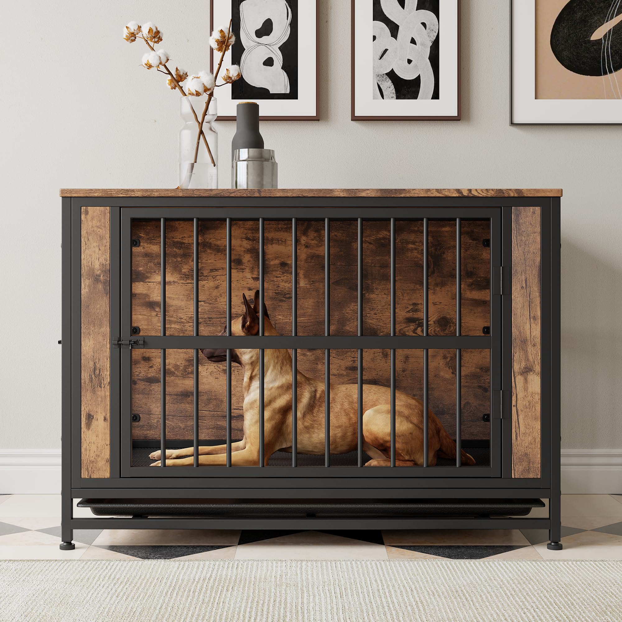 VECOCHO Dog Crate Furniture,Wooden Large Dog Kennel Indoor,Heavy Duty Dog Cage for Large/Medium Dogs, Dog House with Removable Tray,Double Doors Pet Crate Side End Table, Chew-Resistant,Rustic Brown