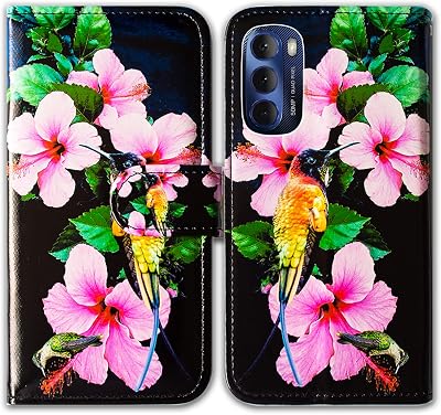 Bcov Moto G Stylus 2022 Case, Hummingbirds Pink Flowers Leather Flip Phone Case Wallet Cover with Card Slot Holder Kickstand for Motorola Moto G Stylus 2022