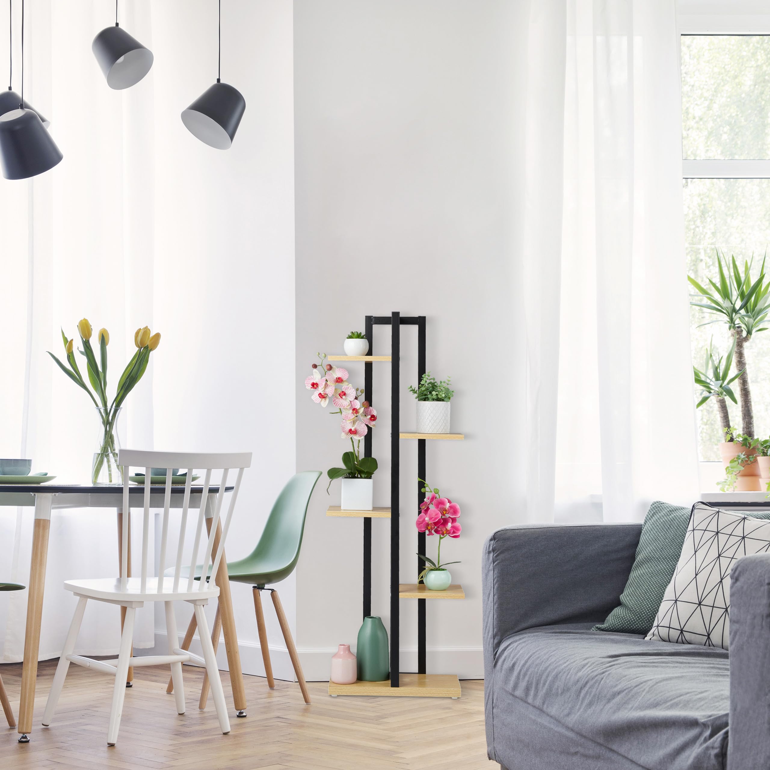 Relaxdays Étagère à Plantes, escalier Fleurs, 5 Niveaux, HLP 117 x 43 x 22 cm, Acier MDF, Support intérieur, Noir