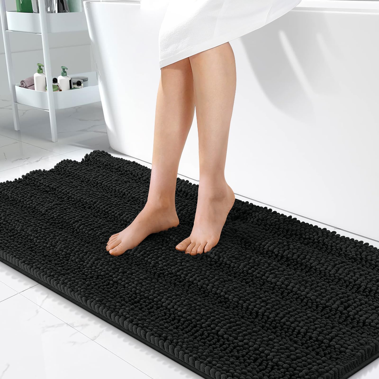 OLANLY Thick Bathroom Runner Rugs 47x24, Soft Chenille Bath Rugs, Black