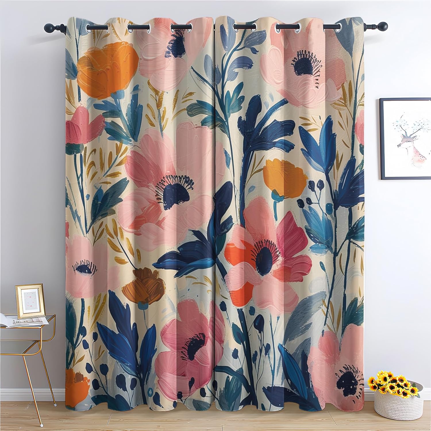 Poppy Kitchen Curtains 2 Panels, Floral Botanical Blackout Curtains Thermal Insulated Small Window Curtains, Flower Plant Drapes Grommet for Bedroom Living Room, 24" W x 36" L