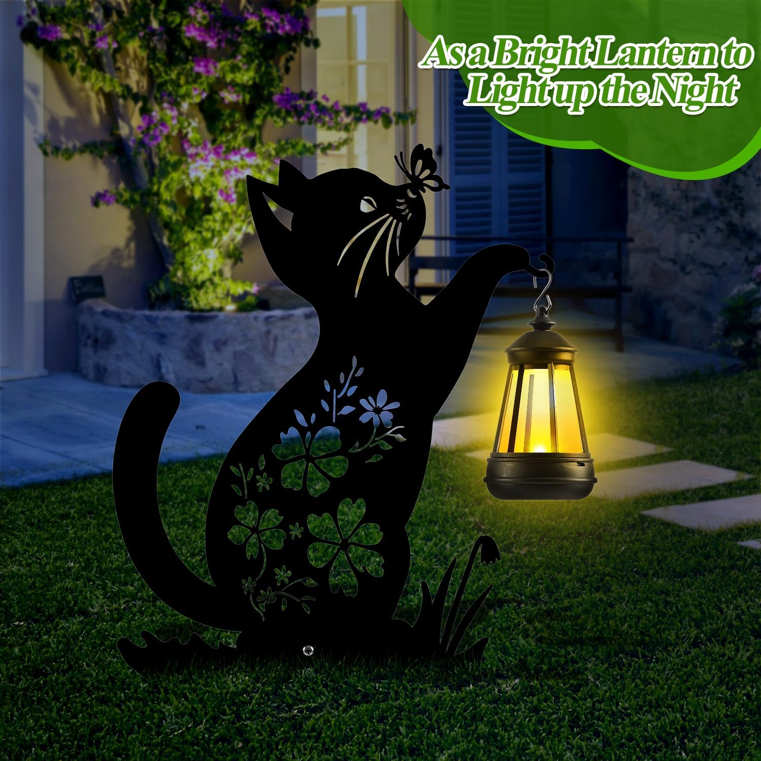 Tfro & Cile Cat Solar Light Outdoor Garden Lantern Stake Black Cat Halloween Decor with Butterfly Silhouette Decoration for Yard Lawn Patio