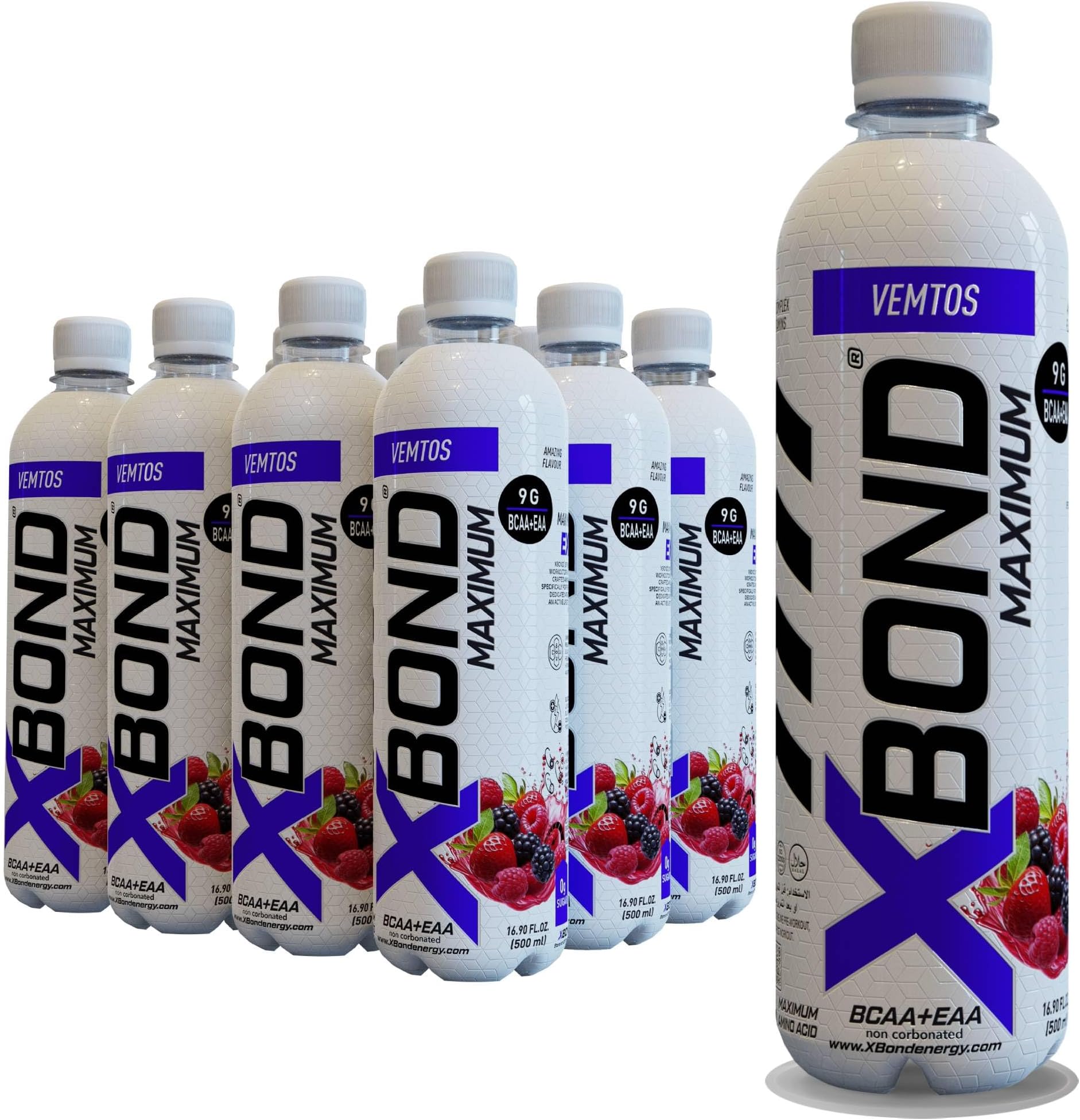 X-BOND Maximum Recovery Vemtos Non Carbonated Drink Maximum Amino Drink - 9g BCAA + EAA Electrolytes - 16 fl oz (500 ml), Sugar Free 34 Calories, Pack of 12